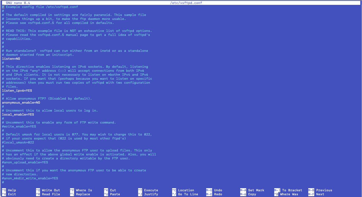 Файл vsftpd.conf открытый в редакторе nano